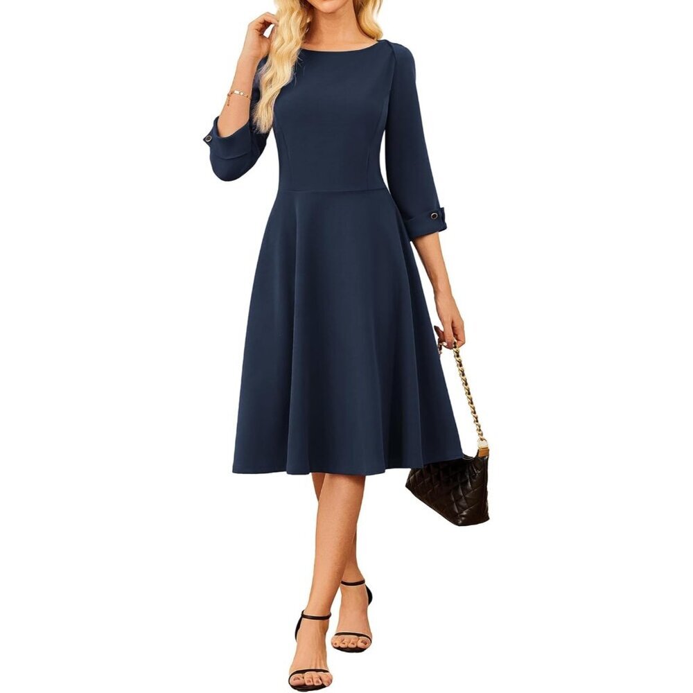 Grace Karin Women Navy Blue 3/4 Sleeve Fit and Flare Classy Dress with Pockets